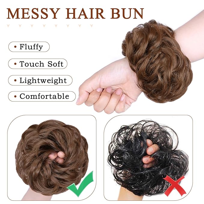 MORICA 1PCS Messy Hair Bun Hair Scrunchies Extension Curly Wavy Messy Bun Hair Synthetic Chignon Hairpieces for Women(Light Golden Brown 12#)