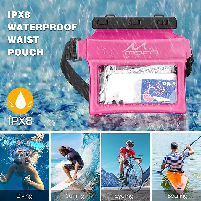 MoKo Waterproof Phone Pouch Fanny Pack, Floating Dry Bag for Swimming Kayaking Snorkeling, Compatible with iPhone 14 13 12 11 Pro Max X/Xr/Xs Max, Galaxy S21 Ultra/S9/Note 10 Plus, Magenta