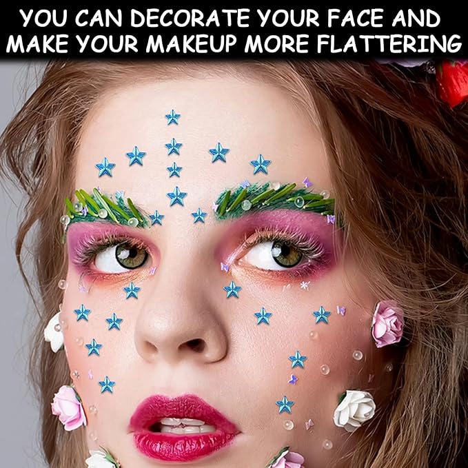 264Pcs Star Face Gems Eye Gems, Self-Adhesive Face Jewels Rhinestones 5/7/10 mm DIY Face Gems Stick on, Patriotic Makeup Gems Rave Accessories for Face Eyes Hair Makeup Body, Crafts (Blue-Star)