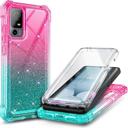 NZND Designed for TCL 40 XE 5G Case, TCL 40 X 5G with [Built-in Screen Protector], Full-Body Protective Shockproof Rugged Bumper Cover, Impact Resist Case (Glitter Pink/Aqua)