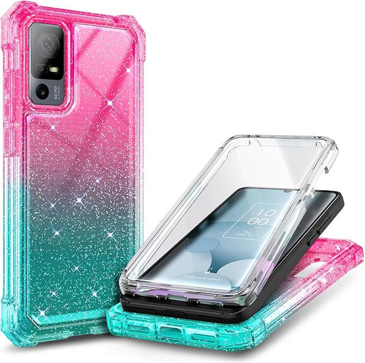 NZND Designed for TCL 40 XE 5G Case, TCL 40 X 5G with [Built-in Screen Protector], Full-Body Protective Shockproof Rugged Bumper Cover, Impact Resist Case (Glitter Pink/Aqua)