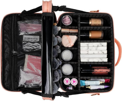 (Not Made In China) 2 Pack, Makeup Train Case, Cosmetic Travel Organizer For Professional Beauty Artist, Portable Storage Bag W/Adjustable Dividers For Jewelry and Brushes (Pink, Large)