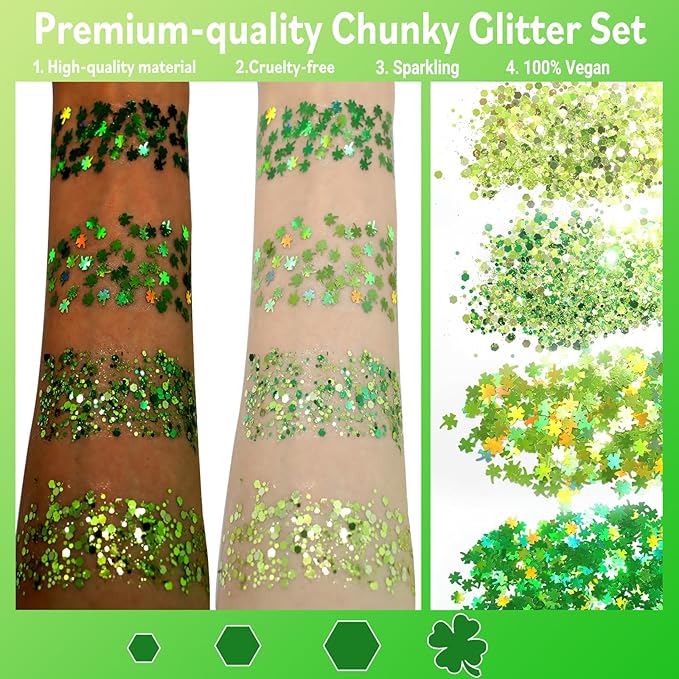 Allstarry Green Body Glitter, 4 Colors Cosmetic Green Face Glitter, Shamrock Face Eyeshadow Makeup Hair and Eye Glitter St Patricks Day Accessories Green Makeup Shamrock Decorations
