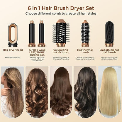 6 in ONE Blow Dryer Brush, Curling Wand Hair Styling Tools Set, Ionic Hot Air Brush Hair Dryer, Massage Oval Hair Dryer Brush, Left&Right Hair Curlers (Black Gold)