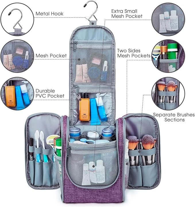Narwey Small Hanging Toiletry Bag Women Travel Makeup Bag Organizer Toiletries Bag for Travel Size Essentials Accessories Cosmetics (Medium, Dark Purple)