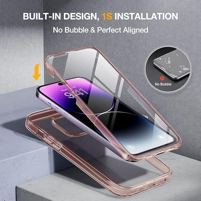 Miracase Glass Series for iPhone 14 Pro Case 6.1 Inch, Full-Body Clear Bumper Case with Built-in 9H Tempered Glass Screen Protector, with Camera Lens Protector, Clear Pink