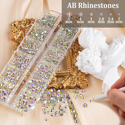 Nail Art Rhinestones Kit with Flatback Crystal (AB&Clear + AB) Gems, (White & Beige) Half Pearls with Dotting Tools, Nail Rhinestones Jewels for Manicure Makeup