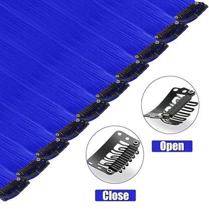 12 PCS Blue Hair Extensions Clip in, 22 Inch Colored Hair Extensions Party Highlights Long Straight Synthetic Hairpieces for Women Kids Girls