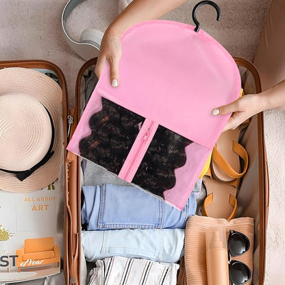 2PCS Wig Holder Wig Storage Portable Wig Bags Storage with Hanger Hair Extension Holder for Styling Wig Storage Bags Wig Organizer for Multiple Wigs Stand Hair Extensions, Wigs & Accessories (Pink)
