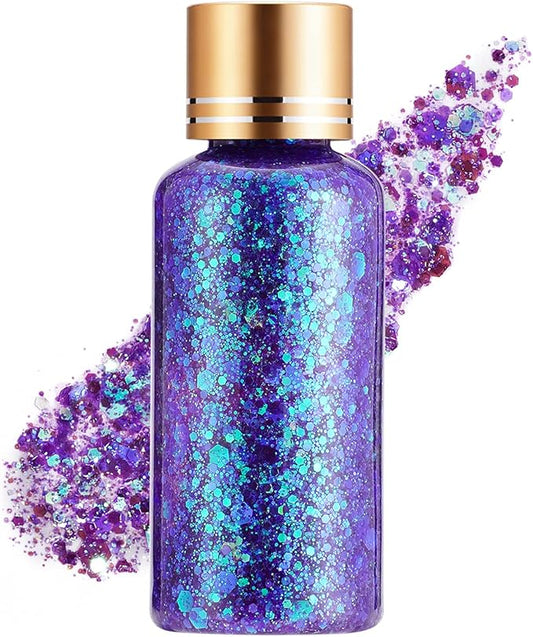 Holographic Body Glitter Gel for Face, Body, Nail, Super Long Lasting Waterproof Quick Dry Liquid Chunky Glitter Eyeshadow for Rave Festival Party Makeup Accessories, 1oz (Gemstone Blue)