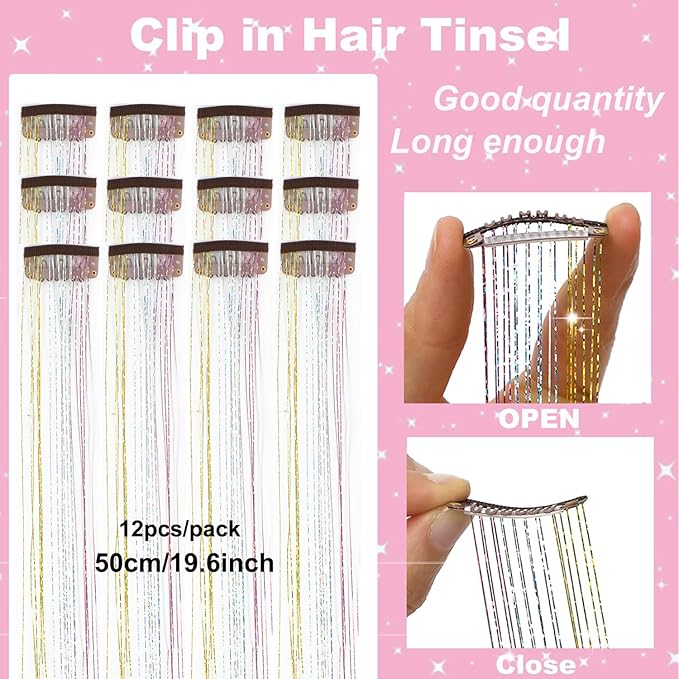 12Pcs Hair Tinsel Clip in Glitter Tinsel Hair Extensions 19.6Inch Clip in Hair Tinsel Kit Heat Resistant Shiny Sparkly Fairy Hair Accessories for Women Girls Kids (Galaxy)