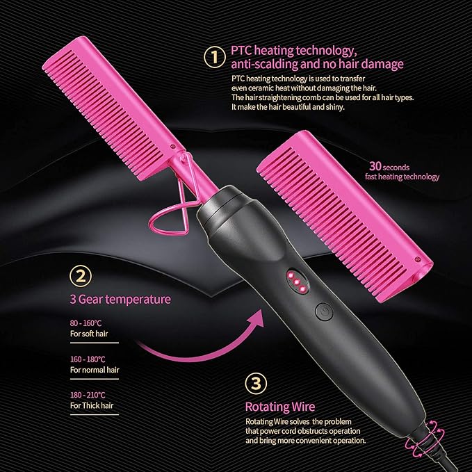 Hot Comb Hair Straightener Heat Pressing Combs - Ceramic Electric Straightening Comb for Natural Black Beard Wigs Holiday Gift- Pink