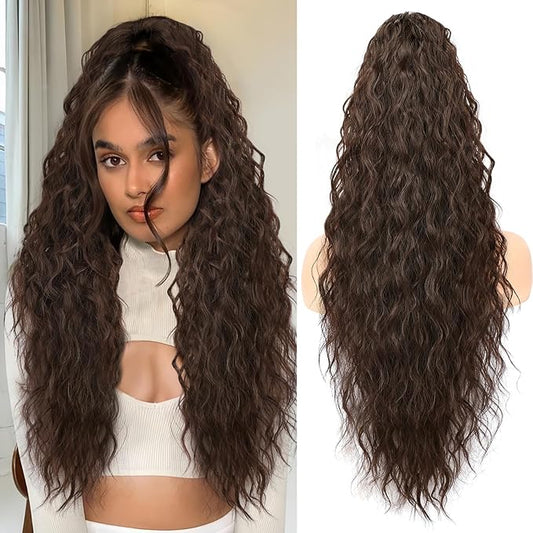 ORSUNCER Ponytail Extension Claw 26" Curly Pony Tail Clip in Claw Hair Extensions Fluffy Natural Looking Synthetic Hairpiece for Women Dark Brown