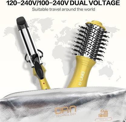 DAN Technology Hair Dryer Brush & Mini Curling Wand Set - 1 Inch Travel Set with 3 Temperature Settings - Hot Air Brush for Drying, Styling, Curling, and Volumizing