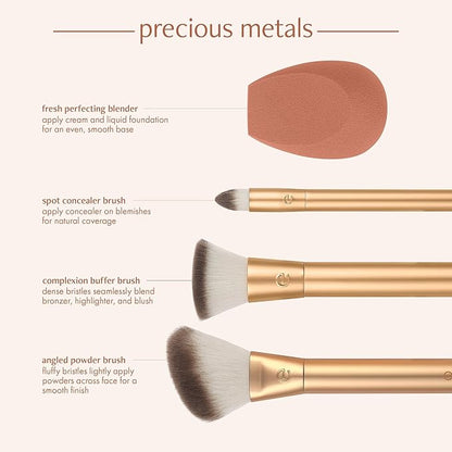 EcoTools Precious Metals Face Blend & Sculpt Set, Makeup Brush Set For Foundation, Concealer, & Powder, Makeup Sponge, Eco-Friendly, Recycled Aluminum, Chrome, Cruelty-Free, 4 Piece Set