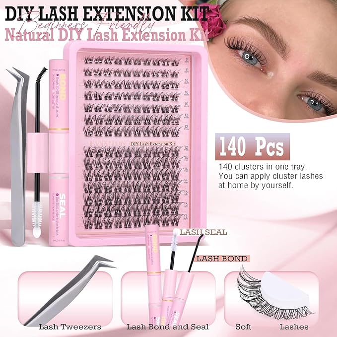 Natural Lash Extension Kit 8-16mm Lash Clusters Wispy Eyelash Clusters Sweatproof Lash Clusters C Cluster 144pcs with Bond and Seal Lash Glue and Eyelash Extension Tweezers DIY at Home