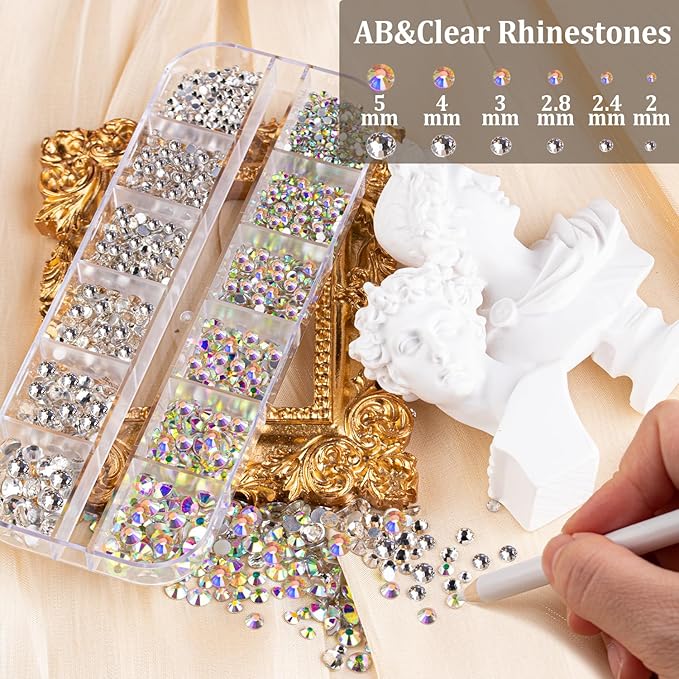 Nail Art Rhinestones Kit with Flatback Crystal (AB&Clear + AB) Gems, (White & Beige) Half Pearls with Dotting Tools, Nail Rhinestones Jewels for Manicure Makeup