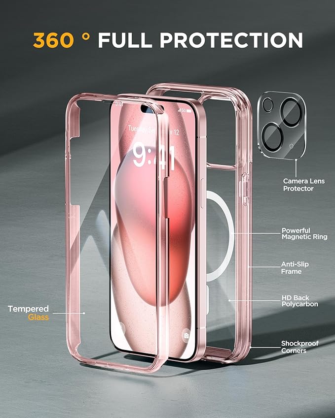 Miracase Glass Series for iPhone 15 Case [Compatible with MagSafe] Full-Body Magnetic Case with Built-in 9H Tempered Glass Anti-Fingerprint Screen Protector + Camera Lens Protector, Transparent Pink
