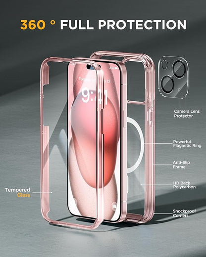 Miracase Glass Series for iPhone 15 Case [Compatible with MagSafe] Full-Body Magnetic Case with Built-in 9H Tempered Glass Anti-Fingerprint Screen Protector + Camera Lens Protector, Transparent Pink