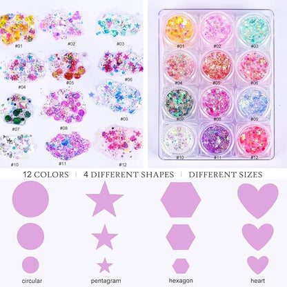 Ownest 12 Colors Holographic Chunky Glitter Gel Set, Christmas Party Makeup Face Body Eye Lips Hair Nail Cosmetic Festival Chunky Glitter Eyeshadow, Mixable, No Need Glue