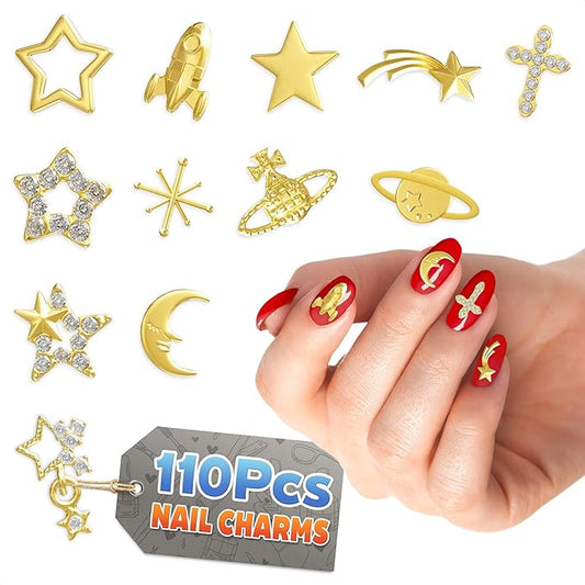 110 Pcs Gold Nail Charms and Gems – Complete Art Kit with Gold Star Nail Charms, Planets, Moon, Crosses & Rocket – Designed for Creating Detailed, Custom Designs with Easy Application