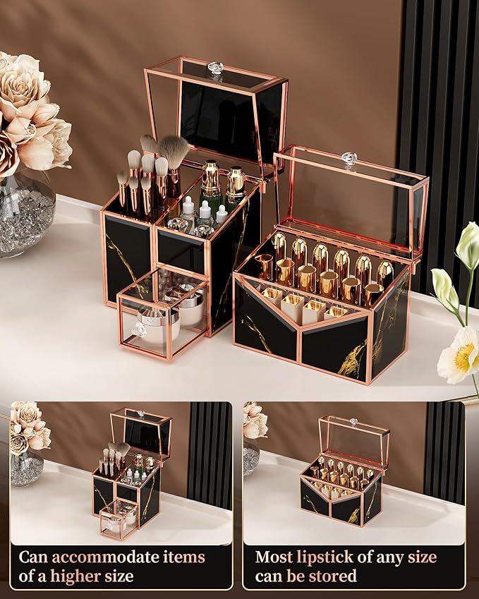 Makeup Organizer Countertop Glass – Vanity Holder with 18-Slot Lipstick Organizer & Covered Makeup Brush Holder – Skincare, Perfume & Cosmetic Display for Bathroom or Dresser