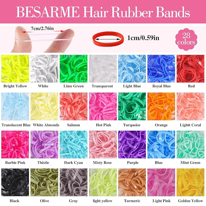 28 Colors Rubber Bands with 8 Hair Styling Tools, 1500 Pcs Colorful Elastic Ties Small Rubber Bands Baby Toddler Ties for Girls Hair Accessories Christmas Gifts