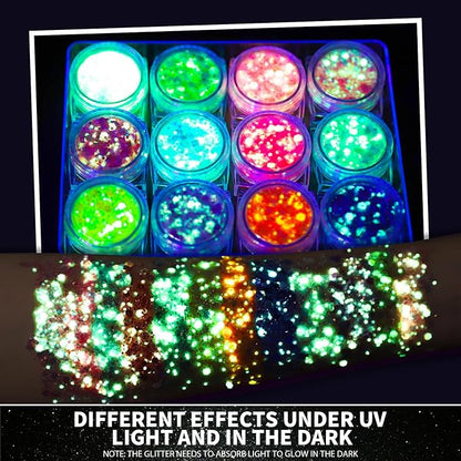 Teenitor 12 Colors Glow in The Dark Glitter Gel, Face Glitter Body Glitter Gel Hair Glitter for UV Black Light Makeup Raves Festivals