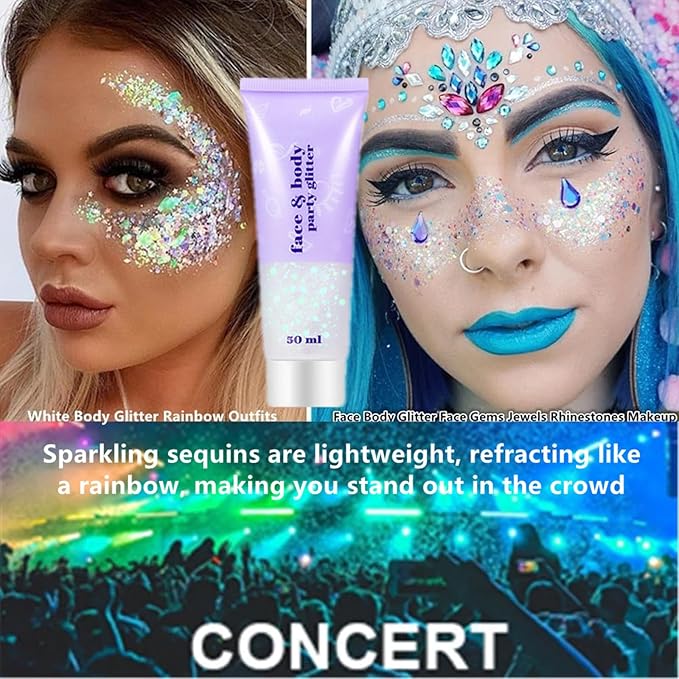 Go Ho White Pink and Silver Face Body Glitter Gel Set,Mermaid Face Paint,Holographic Long Lasting Chunky Sequins Glitter Makeup for Singer Concerts,Halloween Festival Rave Accessories