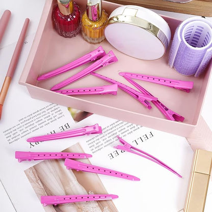 24 Packs Duck Bill Clips, Bantoye 3.35 Inches Rustproof Metal Alligator Curl Clips with Holes for Hair Styling, Hair Coloring, Rose Red