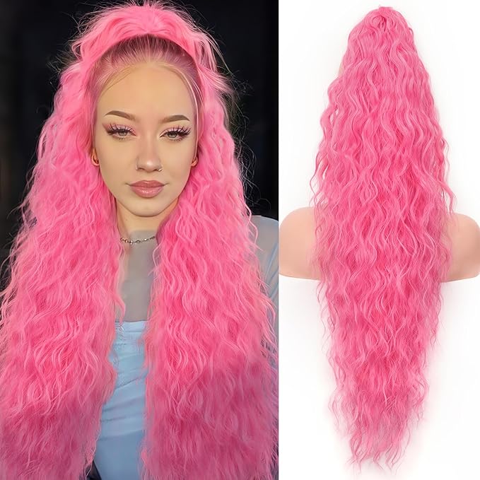 ORSUNCER Ponytail Extension Claw 30" Curly Pony Tail Clip in Claw Hair Extensions Fluffy Natural Looking Synthetic Hairpiece for Women Pink
