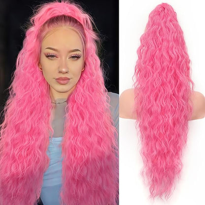 ORSUNCER Ponytail Extension Claw 30" Curly Pony Tail Clip in Claw Hair Extensions Fluffy Natural Looking Synthetic Hairpiece for Women Pink