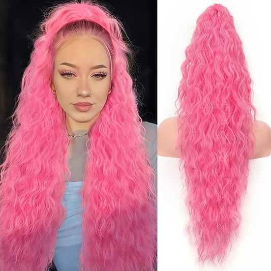 ORSUNCER Ponytail Extension Claw 30" Curly Pony Tail Clip in Claw Hair Extensions Fluffy Natural Looking Synthetic Hairpiece for Women Pink