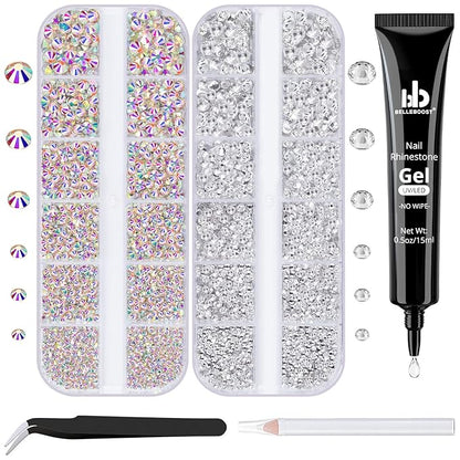 Nail Art Rhinestone Glue Gel&2 Boxes Flatback Gems Kit, 1 Tube of 15ml Rhinestone Gel Glue(UV/LED Needed)+Crystal AB Gems+Flat-Back Round Glass Clear Gemstones with Pickup Tools