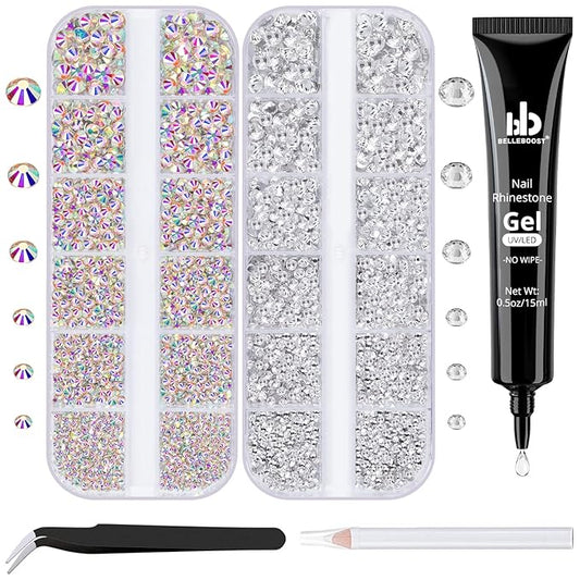 Nail Art Rhinestone Glue Gel&2 Boxes Flatback Gems Kit, 1 Tube of 15ml Rhinestone Gel Glue(UV/LED Needed)+Crystal AB Gems+Flat-Back Round Glass Clear Gemstones with Pickup Tools