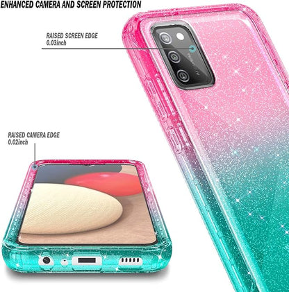 NZND Case for Samsung Galaxy A03S with [Built-in Screen Protector], Full-Body Protective Shockproof Rugged Bumper Cover, Impact Resist Phone Case (Glitter Pink/Aqua)