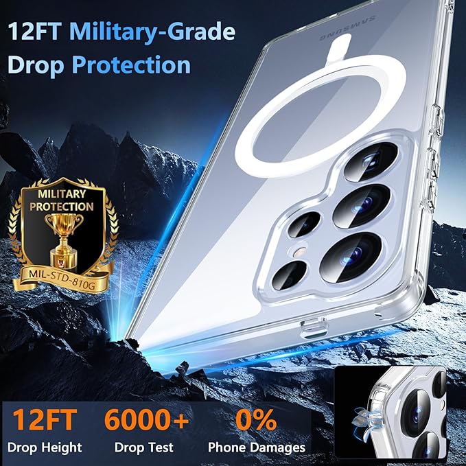OWKEY Samsung Galaxy S25 Ultra Case 6.86'', Magnetic S25 Ultra Case for Magsafe with Tempered Glass Screen, [Shockproof Military] Transparent Back Slim Bumper Cover Phone Case Galaxy S25 Ultra, Clear