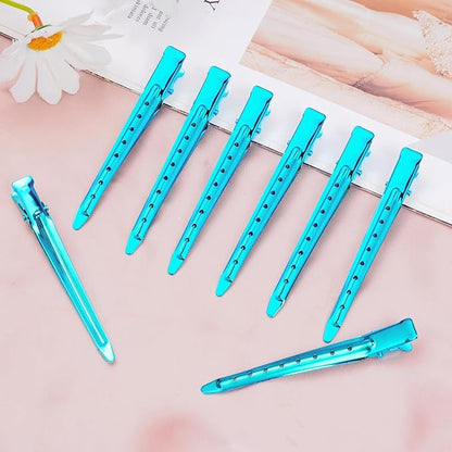 24 Packs Duck Bill Clips, Bantoye 3.35 Inches Rustproof Metal Alligator Curl Clips with Holes for Hair Styling, Hair Coloring, Bright Blue