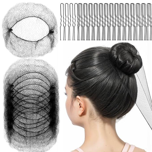 FANDAMEI 30cm Hair Net for Kids, Invisible Hair Nets 20PCS with 40PCS U Shaped Hair Pins, Hair Nets for Buns, Bun Hair Nets for Ballet Girls Hair Accessories Set for Women, Girls-Black