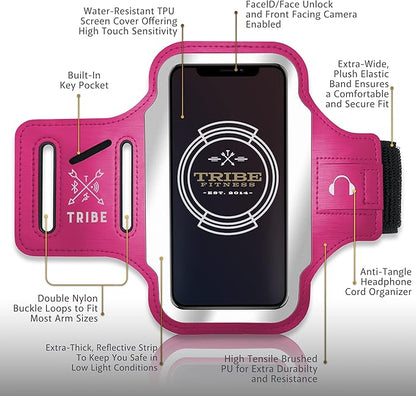 TRIBE Running Phone Holder Armband. iPhone & Galaxy Cell Phone Sports Arm Bands for Women, Men, Runners, Jogging, Walking, Exercise & Gym Workout. Fits All Smartphones. Adjustable Strap, CC/Key Pocket