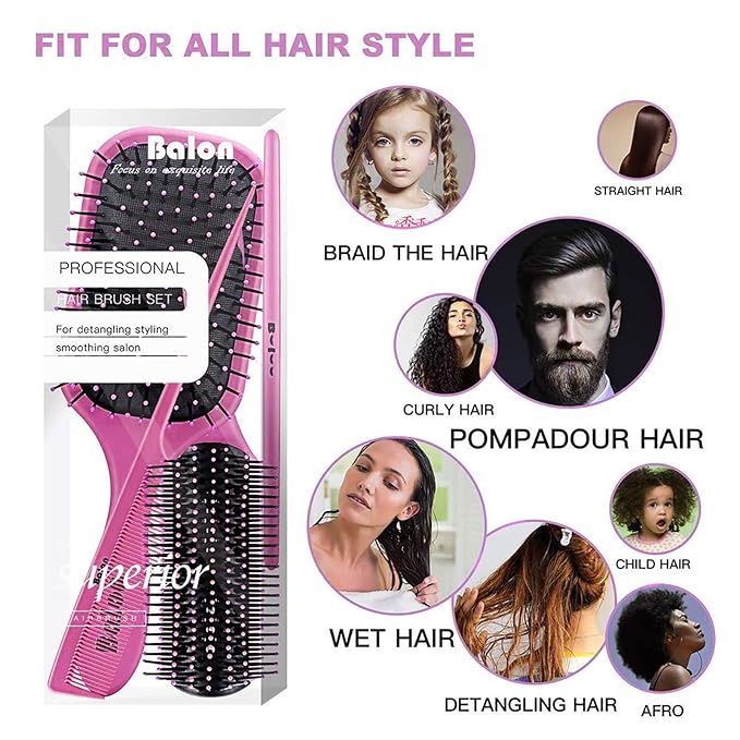 4Pcs Detangling Brush Set for Women - Paddle Brush for Wet or Dry Straight, Long, Thick, Curly, Natural Hair, No More Tangles (Pink)