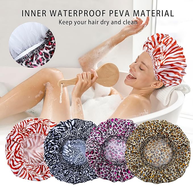 4 PCS Shower Caps for Women, Elastic and Reusable Bath Caps, Double Waterproof Layers Shower Cap, Bathing Shower Caps, Environmental Protection Hair Bath Hat - Printed Color