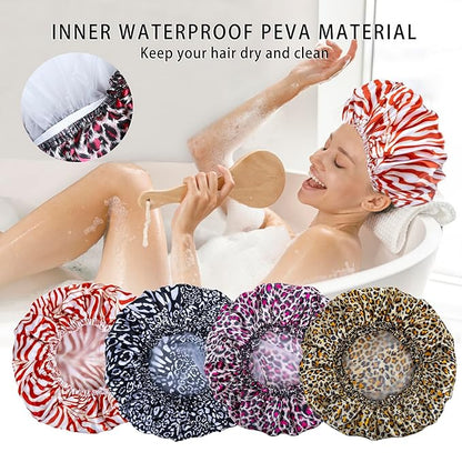 4 PCS Shower Caps for Women, Elastic and Reusable Bath Caps, Double Waterproof Layers Shower Cap, Bathing Shower Caps, Environmental Protection Hair Bath Hat - Printed Color