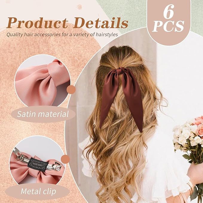 6PCS Silky Satin Hair Bows, Hair Bow Clips with Long Tail, Hair Bows for Girls & Women Elegant Bow Hair Ribbon Ponytail Holder, Alligator Metal Clips Accessories for Toddler & Kids Gifts Neutral Color