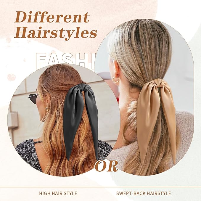 6PCS Silky Satin Hair Bows, Hair Bow Clips with Long Tail, Hair Bows for Girls & Women Elegant Bow Hair Ribbon Ponytail Holder, Alligator Metal Clips Accessories for Toddler & Kids Gifts Neutral Color