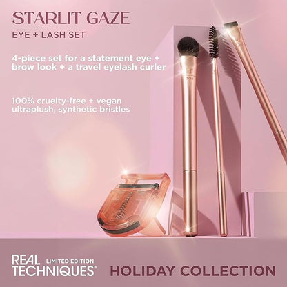 Real Techniques Starlit Gaze Eye + Lash 4 Piece Holiday Gift Set, Eye Makeup Brush Set For Eyeshadow & Brow Products, Mini Eyelash Curler For Travel, Stocking Stuffer, Limited Edition, Cruelty-Free