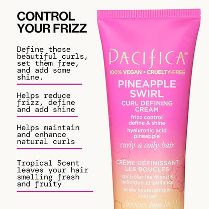 Pacifica Pineapple Swirl Curl Defining Cream for Curly Hair 4 oz – Frizz Control & Curl Enhancer Styling Cream for Curly & Wavy Hair Coconut Oil & Hyaluronic Acid Defines & Adds Bounce Without Crunch