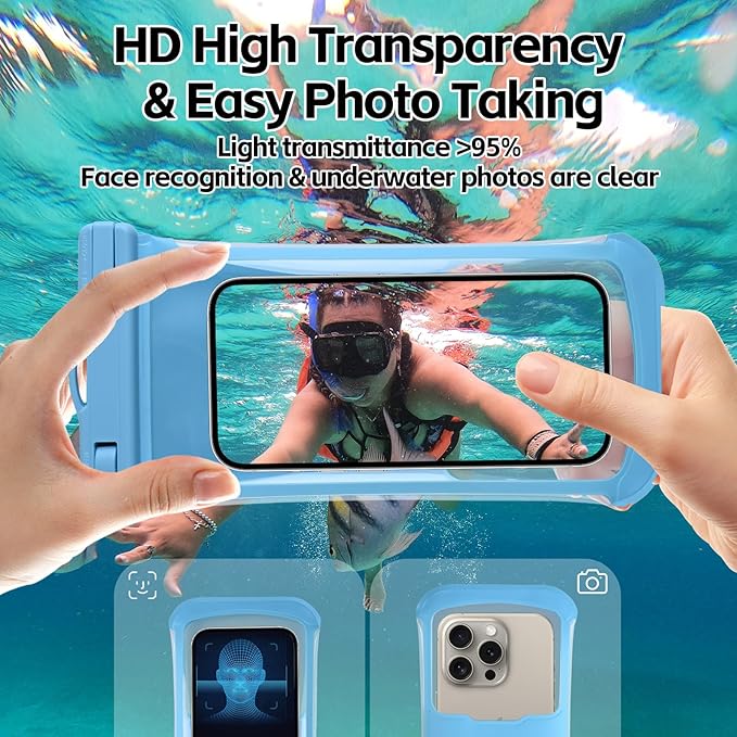 2PCS Waterproof Phone Pouch, [3D Design] IPX8 Waterproof Phone Case for iPhone 15 14 13 Pro Max Plus Galaxy S24 S23 Google Up to 8", Dry Bag Beach Essentials for Cruise Travel,Black/Blue