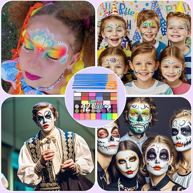 42 Color Face Painting Kit for Kids, Water Activated Face Paint Kit, Safe for Sensitive Skin Easy to Use, With Stencils & Brushes, Facepaint Makeup Kit for Parties, Birthdays, Halloween