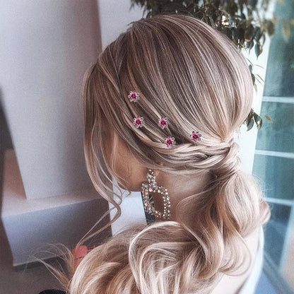 20 Pack (Pink) Crystal Hair Pins Rose Flower Rhinestone Hair Clips for Bridal Wedding Women Hair Jewelry Accessories, with Clear Container
